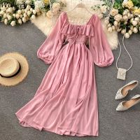 Woherb Chic Elegant Square Collar Maxi Dress Women Solid Chiffon Puff Sleeve Dresses 2023 Korean Fashion Vintage Ruffle Vestidos