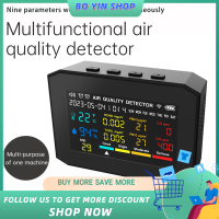 โบหยิน9in1มีเตอร์วัดคุณภาพอากาศแบบพกพา PM10 PM2.5 CO2 CO TVOC HCHO AQI เครื่องทดสอบความชื้นและอุณหภูมิตัวตรวจจับคาร์บอนไดออกไซด์จอสีพร้อมฟังก์ชั่นการแสดงข้อมูลเวลาและสัปดาห์