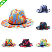 Multicolor ปีกกว้างรู้สึกปานามาหมวกผู้หญิง Fedora มัดย้อมชุดที่เป็นทางการแต่งงานผู้ชายหมวกแจ๊สหมวกฤดูหนาว wholese