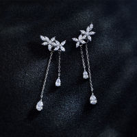 MloveAcc Real 925 Sterling Silver Flower Zircon Waterdrop Dangle Drop Earrings for Women Elegant Tassel Fashion Jewelry