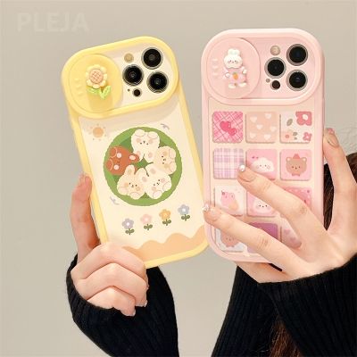 [Yellow peach flavor]น่ารักการ์ตูน3D กระต่ายดอกไม้กดเลนส์ป้องกันกรณีโทรศัพท์สำหรับ iPhone 14 13 12 11 Pro Max XS X XR ซิลิโคนอ่อนนุ่มปกหลัง