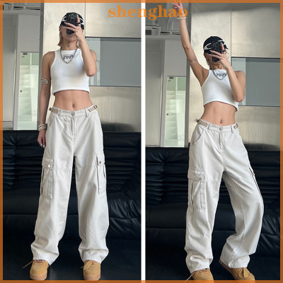 shenghao 2023 Summer Women pockets ขากว้าง Cargo pants VINTAGE baggy Harajuku Casual สตรี hip hop กางเกงเอวสูงตรงกางเกง