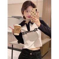 American Polo Collar Shoulder Long-Sleeved Top Womens New Hot Girl Style Inner Wear Fitted Short T-Shirt Base Shirt