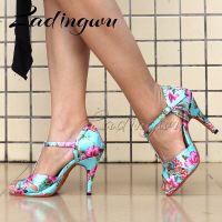 Ladingwu Tropical Print Satin Salsa Dance Shoes Woman Girls Simple Style Latin Dance Shoes Soft Bottom Ballroom Dance Sandals