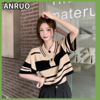 ANRUO เสื้อยืดลายทางโปโลย้อนยุคสำหรับผู้หญิง,เสื้อถักแขนสั้น2023ดีไซน์เก๋ใหม่ฤดูร้อน