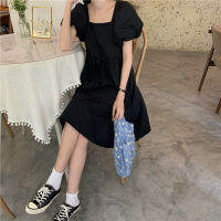 [including hat] dress foreign style Korean loose doll ins skirt square neck bubble sleeve A-line skirt