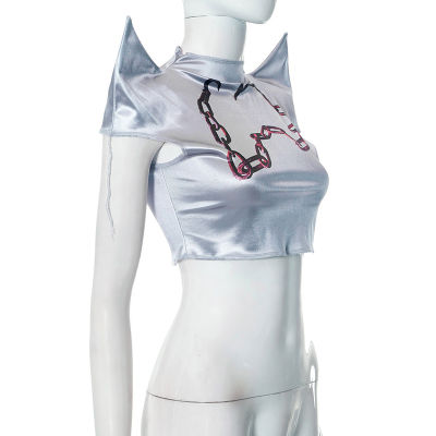เสื้อผู้หญิงแขนสั้นพิมพ์ลายโซ่เสื้อยืดเอวลอยสำหรับสตรีทแวร์ความงามเสื้อผ้าฤดูร้อนชิค