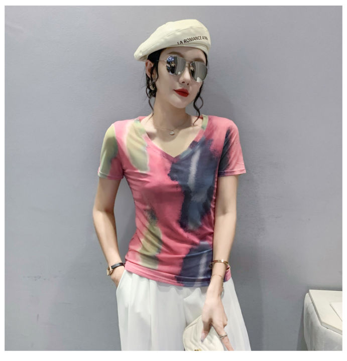 rehin-ผู้หญิงแฟชั่นตาข่ายสีชมพู-swoosh-พิมพ์เสื้อยืดแขนสั้น-v-คอ-slim-และบาง-elegant-เสื้อ
