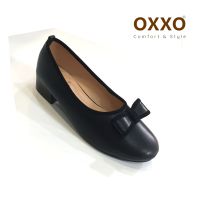 OXXO รองเท้าคัทชู ผู้หญิง ทรงหัวมน สูง1นิ้ว ประดับโบว์ผ้า ใส่ทำงาน ใส่เที่ยว ทำจากหนังพียู นิ่มใส่สบาย FF9101