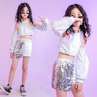 ☁▼☾ Children Hip Hop Jazz Dance Performance Clothing Sequins White Girls Carnaval Costumes For Kids Street Dance Walk Show Outfit