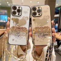 เคสแวว Rhinestone รูปหัวใจ,3D ผีเสื้อสุดหรูสำหรับ iPhone 14 13 12 11 Pro Max Plus พร้อมด้วยขาตั้งสายคล้อง