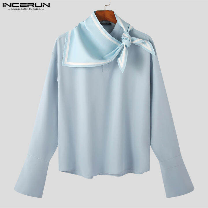 incerun-แขนยาวสำหรับผู้ชายเสื้อเรียบหรูคอกลมผ้าพันคอเสื้อสไตล์ทะเล-สไตล์ตะวันตก