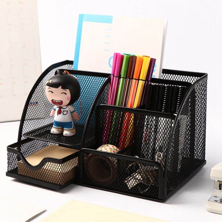 mesh-desk-organizer-pen-holder-accessories-storage-caddy-with-6-compartments-and-drawer-office-supplies-gift-1-pcs