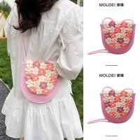 Summer summer pink cute small flower Messenger straw woven bag female 2023 new woven seaside vacation beach bag 【BYUE】