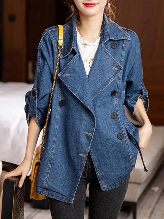 fiteyer-ใหม่ฤดูใบไม้ผลิฤดูใบไม้ร่วงผู้หญิง-high-street-lapel-double-breasted-denim-แจ็คเก็ต-lady-vintage-casual-หลวมสีทึบ-jean-coat