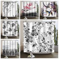 Asian Ink Painting Shower Curtain Chinese Landscape Bamboo Leaf Floral Bird Bathroom Curtain Waterproof Fabric Bath Room Curtain