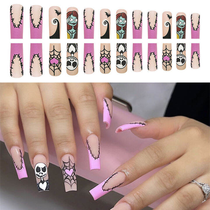 halloween-false-nails-with-skull-spider-web-printed-natural-unbreakable-nail-simple-wear-for-shopping-traveling-dating