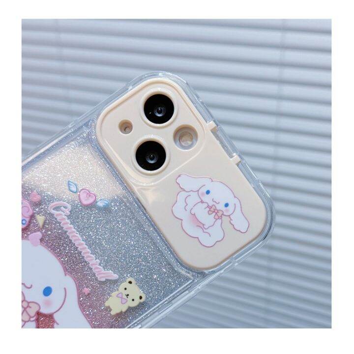 เคสโทรศัพท์มือถือแบบใส-กันกระแทก-ลายสุนัขชินนาม่อน-แต่งกลิตเตอร์-พร้อมกระจก-สีชมพู-สําหรับ-iphone-11-pro-max-12-13-14-pro-max-7-8-plus-se2020-xr-xs-max-xs-plus-max