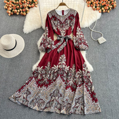 Gorgeous Spring and Autumn Palace Retro Ladies Print Long-sleeved Round Neck Dress Dress Puff Sleeves Waist Tie Big Swing Long Skirt 2022 New