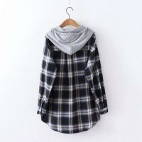 Hooded Plaid Shirt Womens Korean Retro Loose Casual Long Sleeve Shirt Thin Coat kemeja perempuan