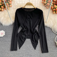 Casual Women T Shirt Solid Color O-neck Long Sleeve Button up Ruched Irregular Tees Tops Spring Autumn Clothes Fashion Street