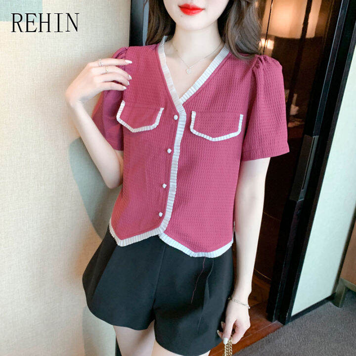 เสื้อสตรี-rehin-ใหม่คอวีแขนสั้นสไตล์ฝรั่งเศส-niche-chic-design-เสื้อหรูหรา