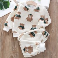 Homewear Girls 2023 Pajamas Cute 0-6y Children Winter Baby New Hooded Flannel Suitskids Plush Pajamas Set Thick Boy Clothe