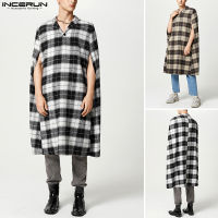 Beehoo INCERUN Mens Vintage Checked Poncho Cape Shawl Loose Cloaks เสื้อแจ็คเก็ต (สไตล์ตะวันตก)