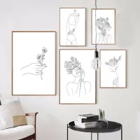 Customizable Black and White Sexy Female Body Wall Art Print Abstract Simple Line Drawing Floral Poster Picture for Home