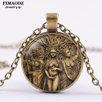 FIMAODZ Vintage Life Tree Necklace Star Triple Moon Goddess Amulet Glass Alloy Pendant Necklaces Pregnant Mom Photo Jewelry