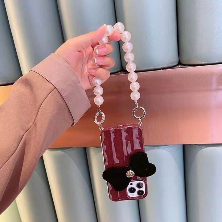 เคสโทรศัพท์สีแดง-stereo-pleat-wine-สำหรับ-iphone14-ผ้า-black-bowknot-case-เคสโทรศัพท์ซิลิโคนป้องกันการล้ม-iphone12-สำหรับ-iphonexs-xr-pearl-bracelet-bar-เคสโทรศัพท์สำหรับ-iphone11-korean-edition-เคสโท