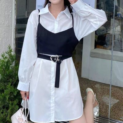 Shirt sleeve new short style strapping bra strap+medium length solid color long sleeved shirt dress with waistband lapel