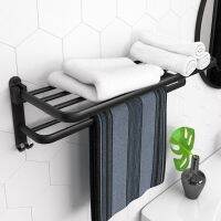 Wall-Mounted Towel Holder Punch-Free Bathroom Accessories Folding Hook Storage Shower Rack Matte Black Aluminum Organizer Hanger