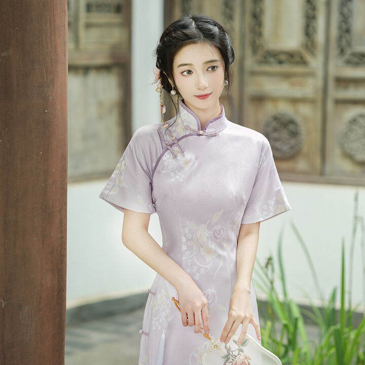 สาธารณรัฐจีนสไตล์เปิดเต็มปรับปรุง-cheongsam-ส่วนยาวสาวอารมณ์ประจำวันย้อนยุคชุดบาง