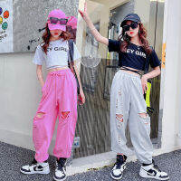 Childrens clothing girls suit summer new childrens short-sleeved T-shirt ripped sweatpants two-piece casual fashion design cute super spicy girls clothing