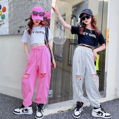 Childrens clothing girls suit summer new childrens short-sleeved T-shirt ripped sweatpants two-piece casual fashion design cute super spicy girls clothing
