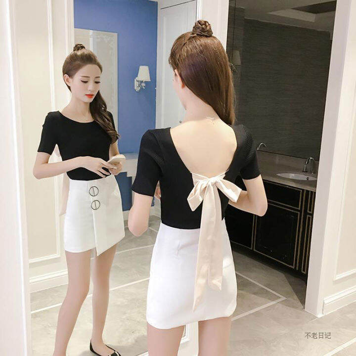 พร้อมส่ง-เสื้อแขนสั้น-backless-เสื้อเเขนสั้นคอกลม-เสื้อยืดมัดโบว์หลัง-เสื้อยืดเเฟชั่น-เสื้อยืดคอกลม