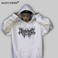 MAYCHEER เสื้อฮู้ดเท่ๆ เสื้อสเวตเตอร์ผู้ชายแขนยาวมีฮู้ดฮิปฮอปวินเทจพิมพ์ลาย เสื้อฮู้ด