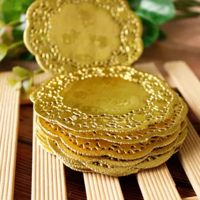 【CC】❣  NEW Fashion 3.5  Gold Paper Doilies Napkin Hollowed Doily Doyleys Coasters Placemat Decoration