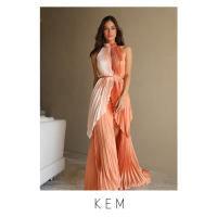 Kemissara Bell Zahara 2 tone set (top &amp; skirt) - Peach ชุดพลีตผู้หญิงไหล่ลํ้าโทนสีพีช เดรสผ้าพริ้ว ชุดเปล่อยสบายพร้อมสายคาดเอว