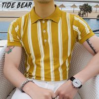 TIDE BEAR เสื้อโปโลระบายอากาศแขนสั้นสำหรับผู้ชายฤดูร้อนผ้าไอซ์ซิลค์ลายทาง