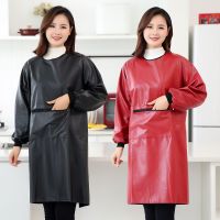 Long-sleeve PU Leather Apron Kitchen Cooking Pet Shop Waterproof And Oil-proof Soft Anti-wear Gown For Adults Womens Overall