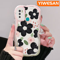 YIWESAN เคสสำหรับ Infinix Hot 9 Pro Hot 9 Play ร้อน12 Play น้ำมันเคสภาพวาดดอกไม้สีดำสวยๆลายคลื่นเนื้อครีมสีสันสดใสเคสนิ่มเคสโทรศัพท์โปร่งใสกันกระแทกเคสใสซิลิโคนป้องกัน