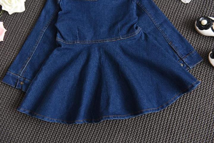 jeansame-dress-สาวชุดยีนส์ฤดูใบไม้ร่วงใหม่ขนาดเล็กและขนาดกลางแฟชั่นเด็กเสื้อผ้าแขนยาวปกกระเป๋าเด็กชุดกระดุมแถวเดียว