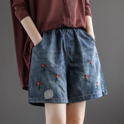 【มีไซส์ใหญ่】Plus Size M-3XL Womens Elastic Waist Summer Shorts Vintage Floral Embroidery Hot Shorts
