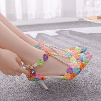 7 cm thin sandals with cusp sandals white lace beaded shoe heels wedding bridesmaid stage 40-43 yards