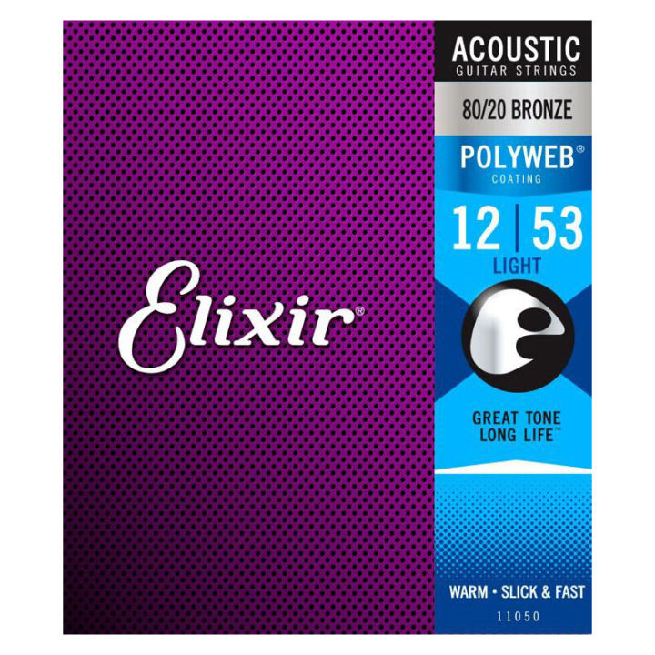 สายกีตาร์โปร่ง Elixir .012-.053 Light #11050 Strings Polyweb 80/20 Bronze Acoustic Guitar Strings