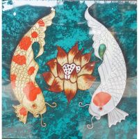 Koi fish art ภาพมงคล ปลาคราฟ 2ตัว ขนาด 40*40 cm เสริมดวง ฮวงจุ้ย ภาพวาดผ้าใบ ภาพติดผนัง ตกแต่งบ้าน โรงแรม รีสอร์ต ร้านอาหาร กรอบรูป