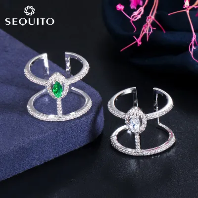 SEQUITO อินเทรนด์ชุบเงิน Micro Pave Tiny Cubic Zirconia กับ Marquise หินสีเขียวผู้หญิงปรับกว้างแหวนเครื่องประดับ SR051