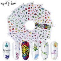 Myyeah 12ชิ้น/เซ็ตน้ำเนลอาร์ตสติ๊กเกอร์ลอกได้สีเขียว Maple Leaf Leaf รูปแบบลายน้ำเล็บเคล็ดลับการทำเล็บ Decors อุปกรณ์เสริม